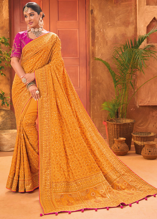 Apricot Orange Banarasi Silk Saree with Diamond,Mirror & Kachhi work