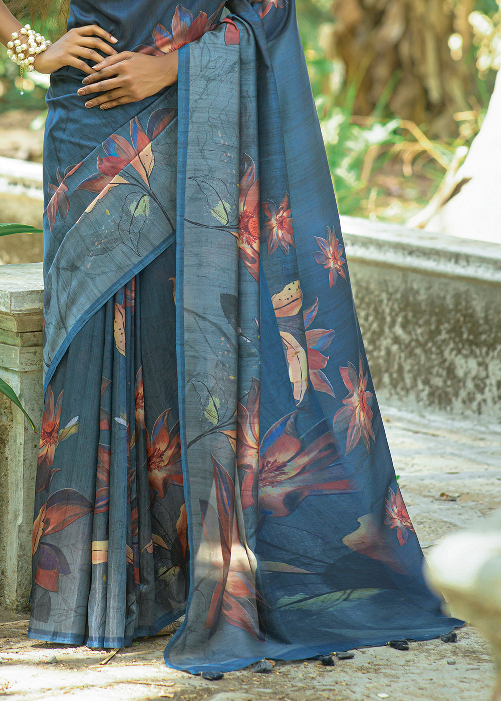 Yale Blue Floral Printed Silk Saree