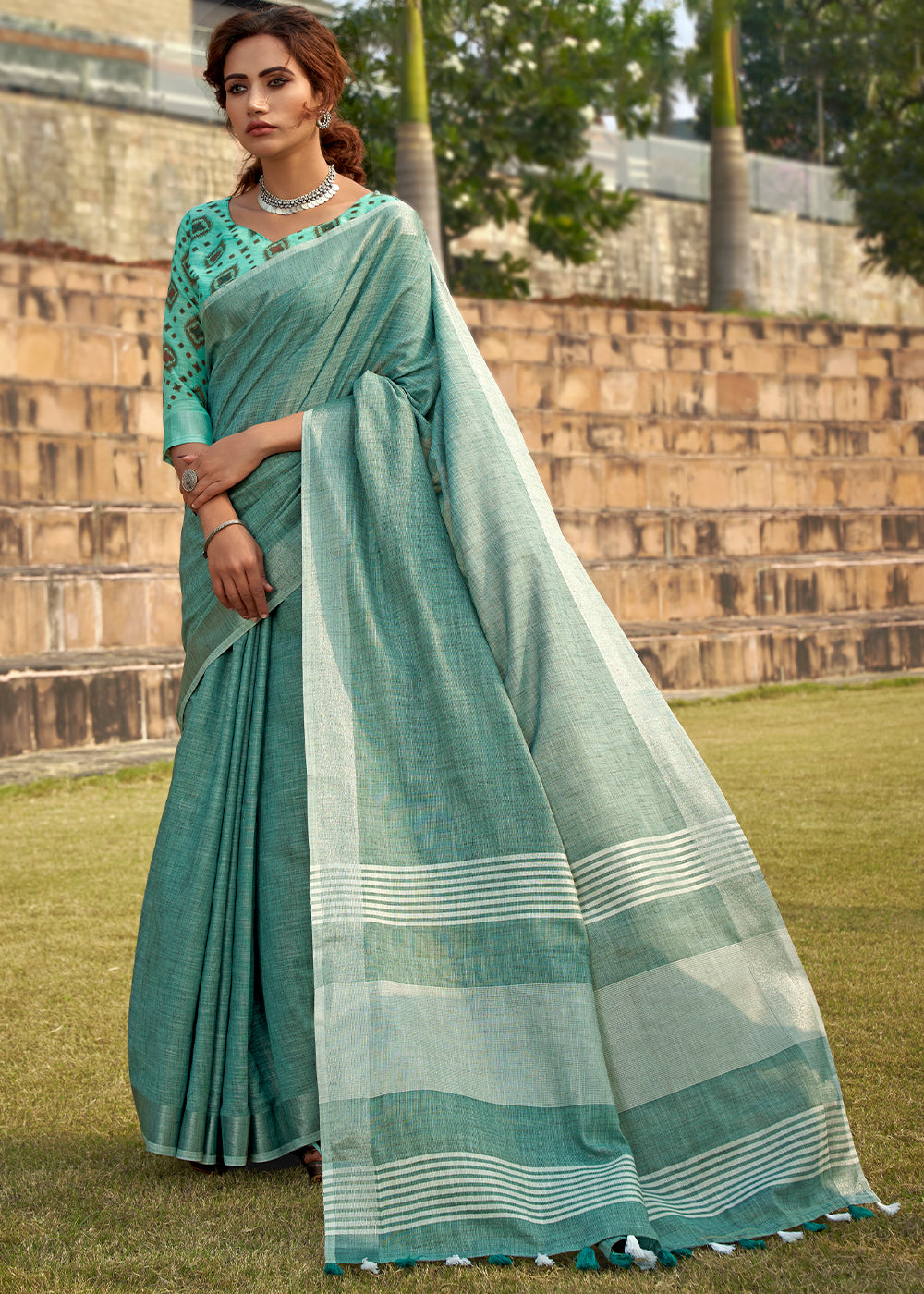 Teal Blue Soft Linen Silk Saree with Khadi Print and  Tassels on Pallu