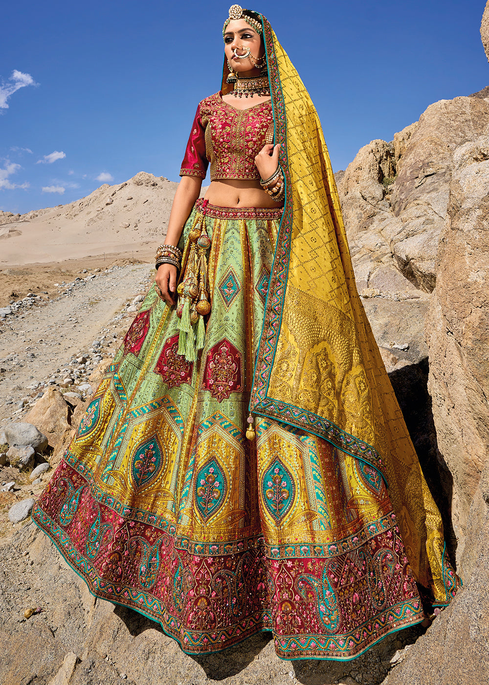 Multicolored Banarasi Jacquard Silk Lehenga with Cut Work & Hand Work Embroidery