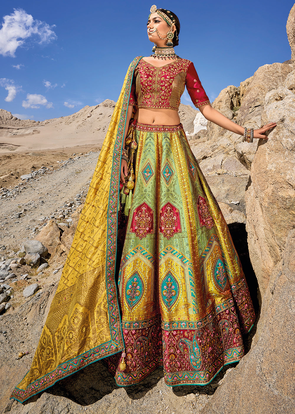 Multicolored Banarasi Jacquard Silk Lehenga with Cut Work & Hand Work Embroidery