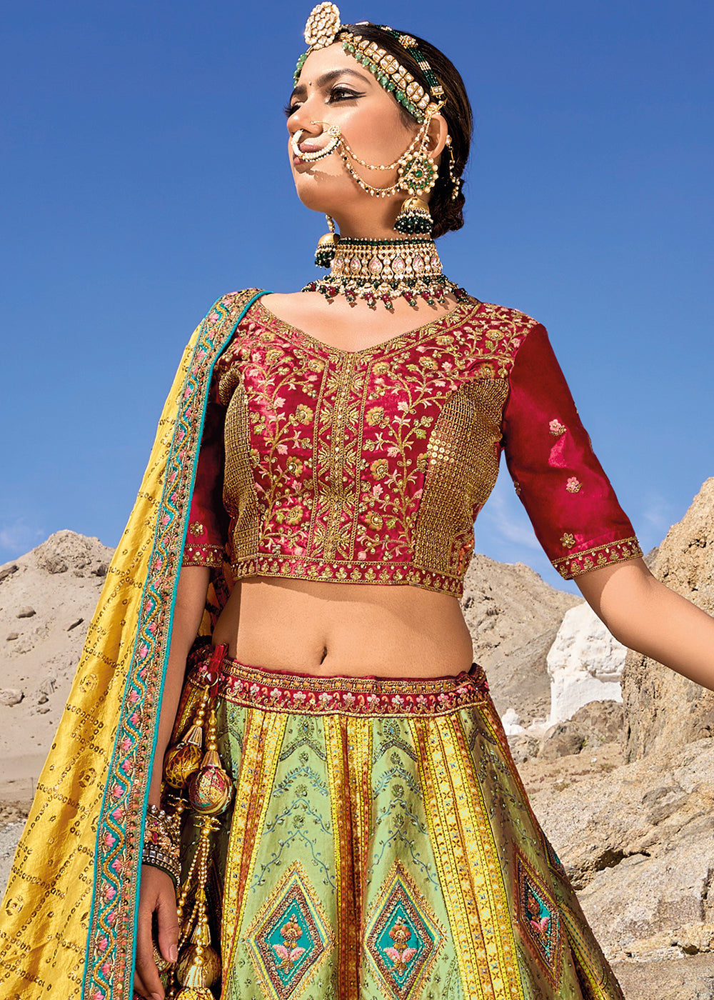 Multicolored Banarasi Jacquard Silk Lehenga with Cut Work & Hand Work Embroidery