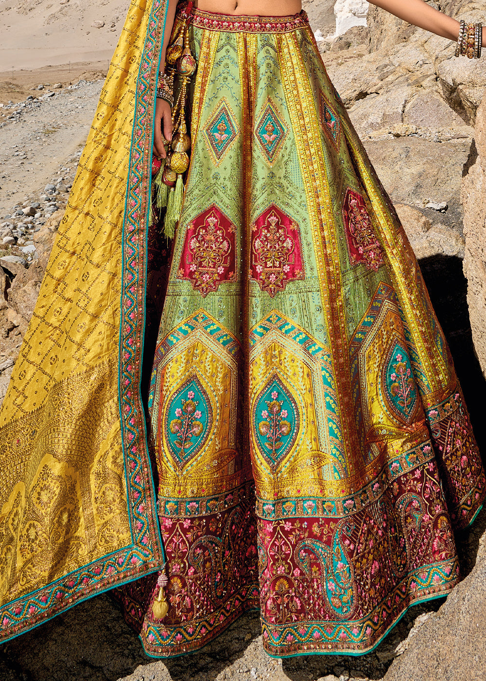 Multicolored Banarasi Jacquard Silk Lehenga with Cut Work & Hand Work Embroidery