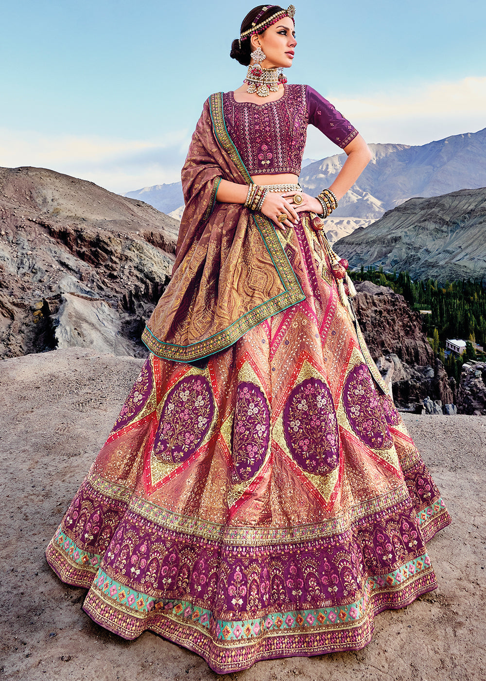 Multicolored Banarasi Jacquard Silk Lehenga with Cut Work & Hand Work Embroidery