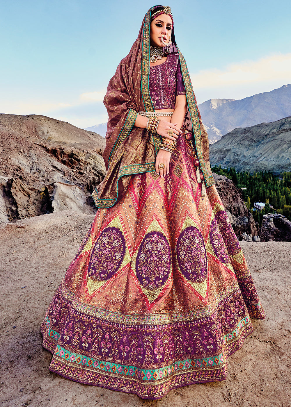 Multicolored Banarasi Jacquard Silk Lehenga with Cut Work & Hand Work Embroidery