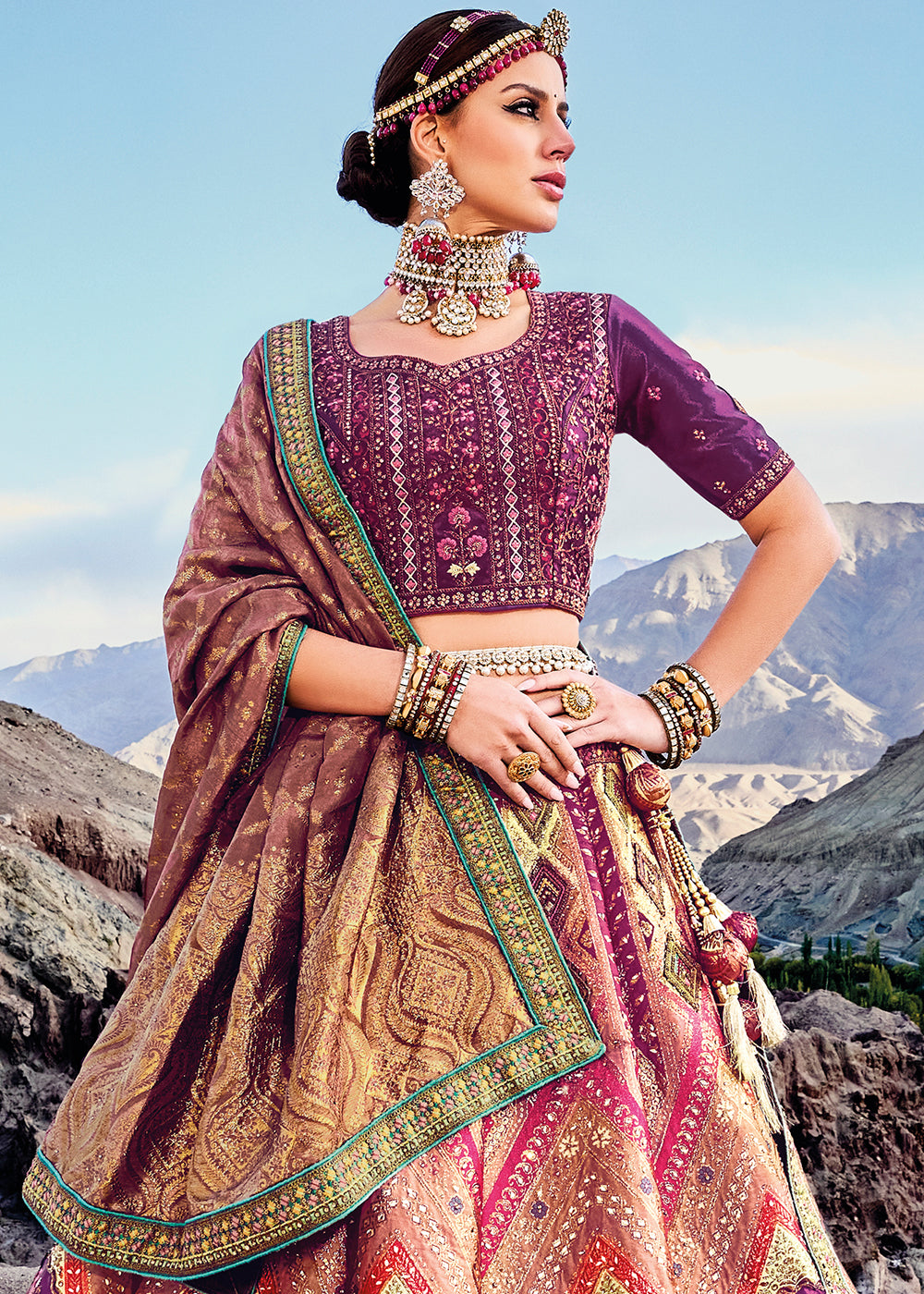 Multicolored Banarasi Jacquard Silk Lehenga with Cut Work & Hand Work Embroidery