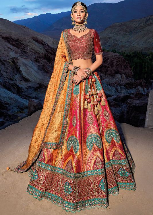 Orange & Red Banarasi Jacquard Silk Lehenga with Cut Work & Hand Work Embroidery