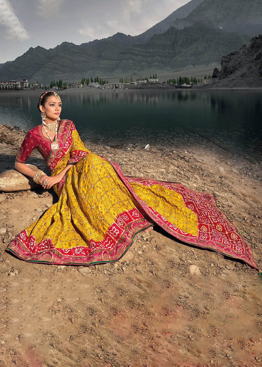 Mustard Yellow Bandhej Satin Silk Saree with Mirror,Moti & Cut-Dana Work