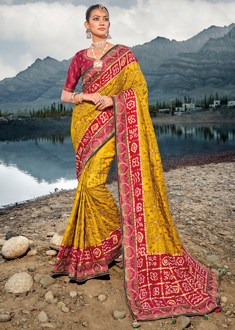 Mustard Yellow Bandhej Satin Silk Saree with Mirror,Moti & Cut-Dana Work