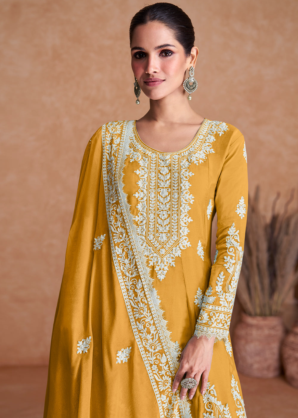 Butterscotch Yellow Silk Plazzo Suit with Embroidery work