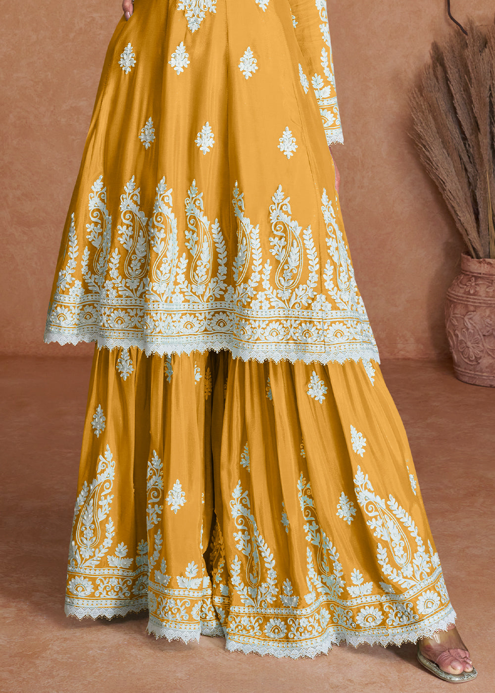 Butterscotch Yellow Silk Plazzo Suit with Embroidery work