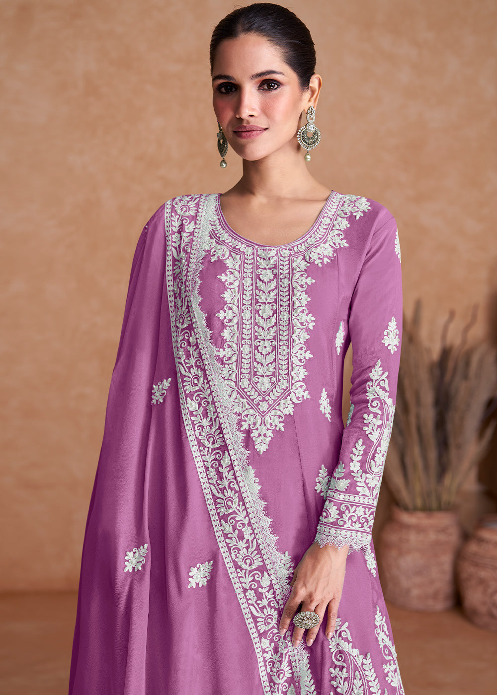 Twitch Purple Silk Plazzo Suit with Embroidery work