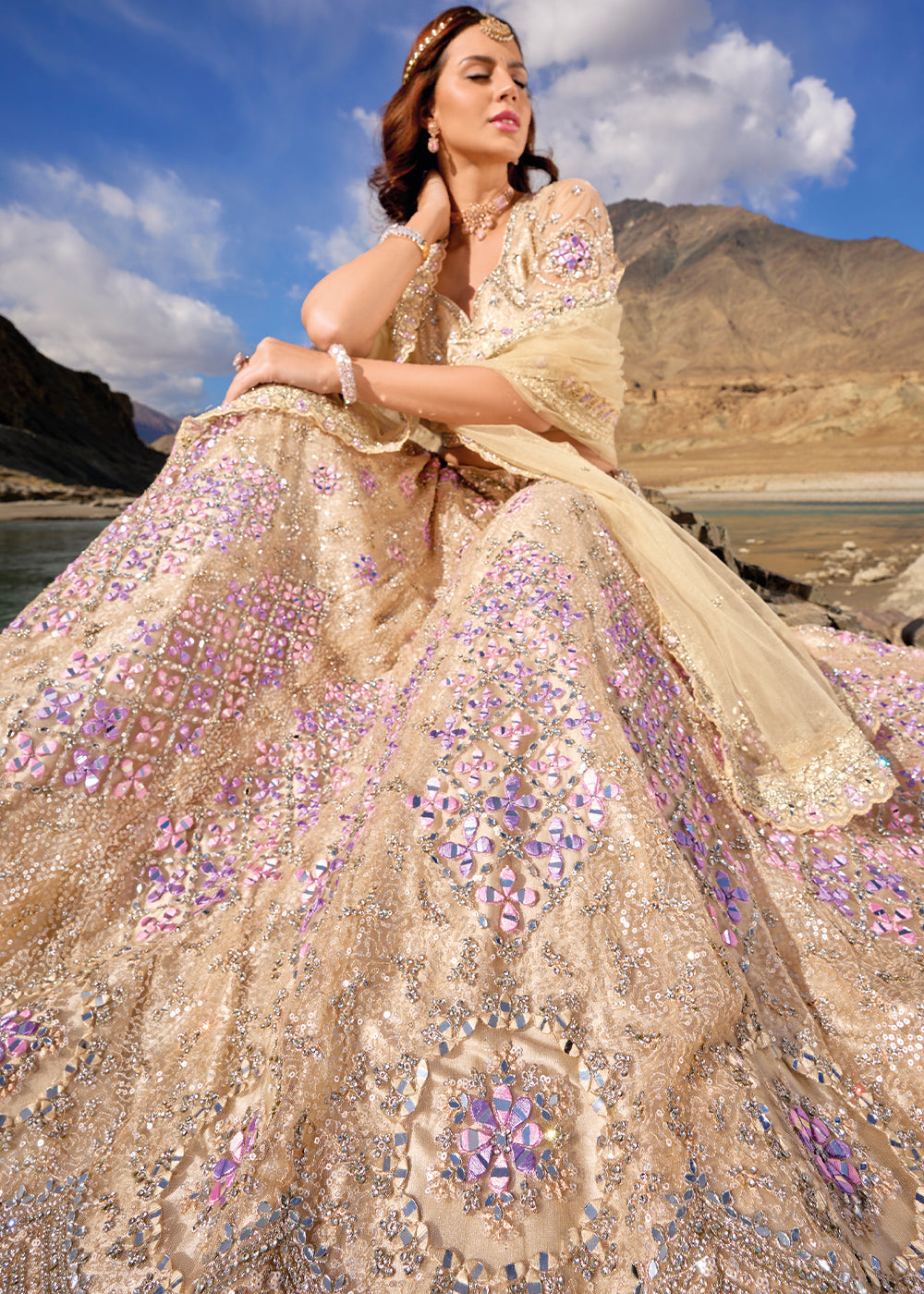 Cosmic Yellow Net lehenga Choli with Mirror,Zarkan & Cutwork