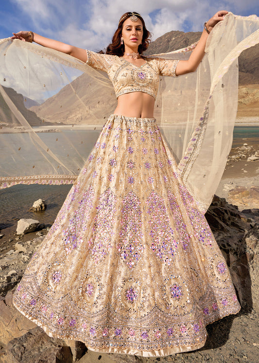 Cosmic Yellow Net lehenga Choli with Mirror,Zarkan & Cutwork