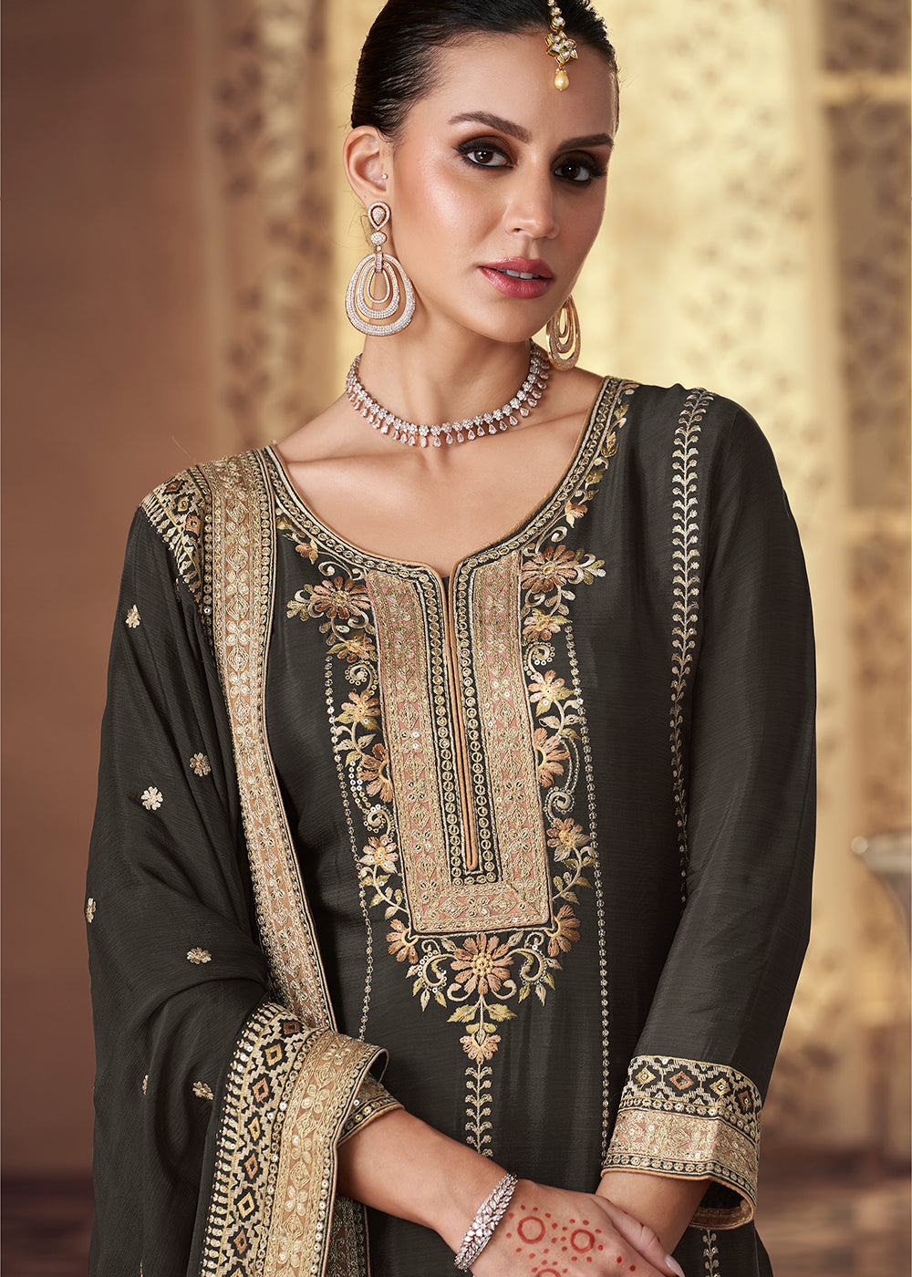 Charcoal Black Embroidered Georgette Plazzo Suit