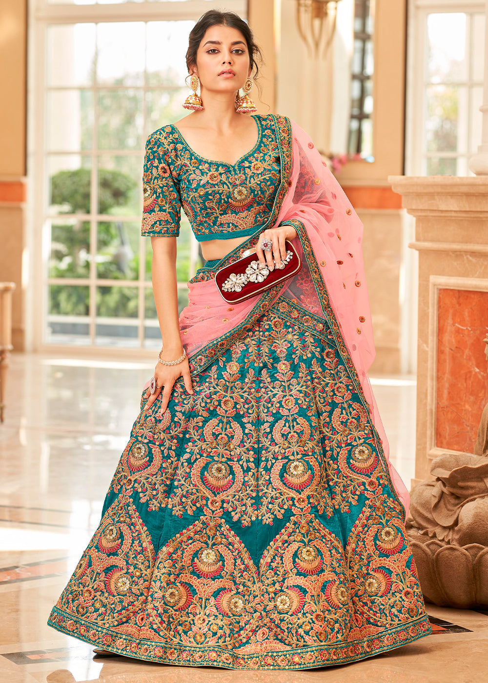 Teal Blue Velvet Lehenga Choli with Thread, Zari,Dori & Sequins work