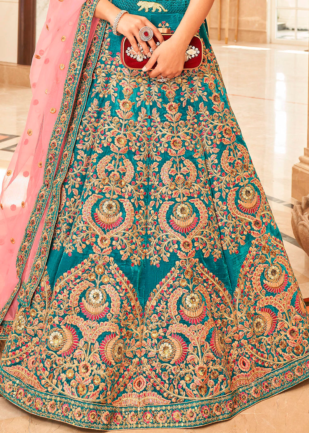 Teal Blue Velvet Lehenga Choli with Thread, Zari,Dori & Sequins work