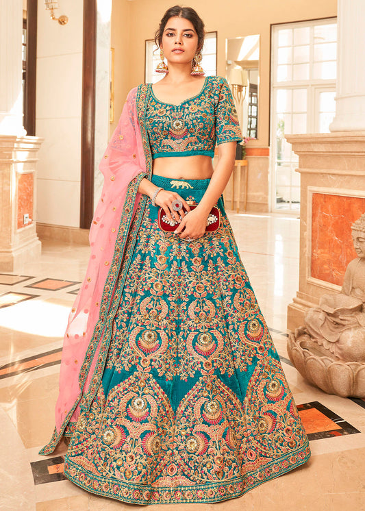 Teal Blue Velvet Lehenga Choli with Thread, Zari,Dori & Sequins work