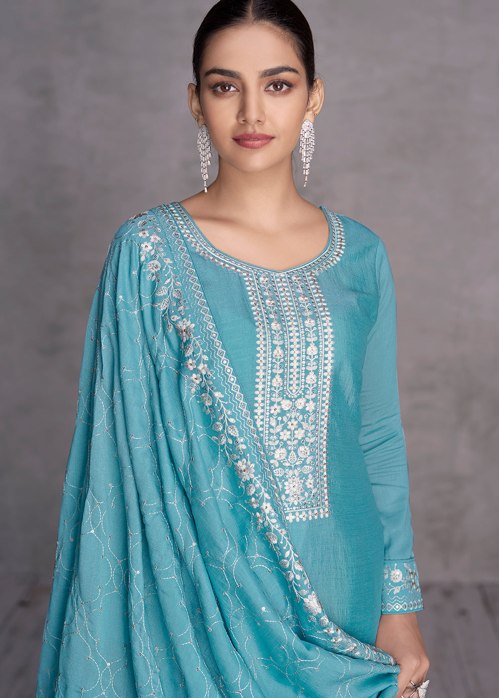 Electric Blue Silk Salwar Suit with Embroidery Work