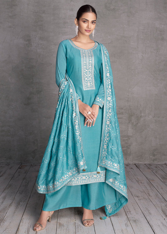 Electric Blue Silk Salwar Suit with Embroidery Work