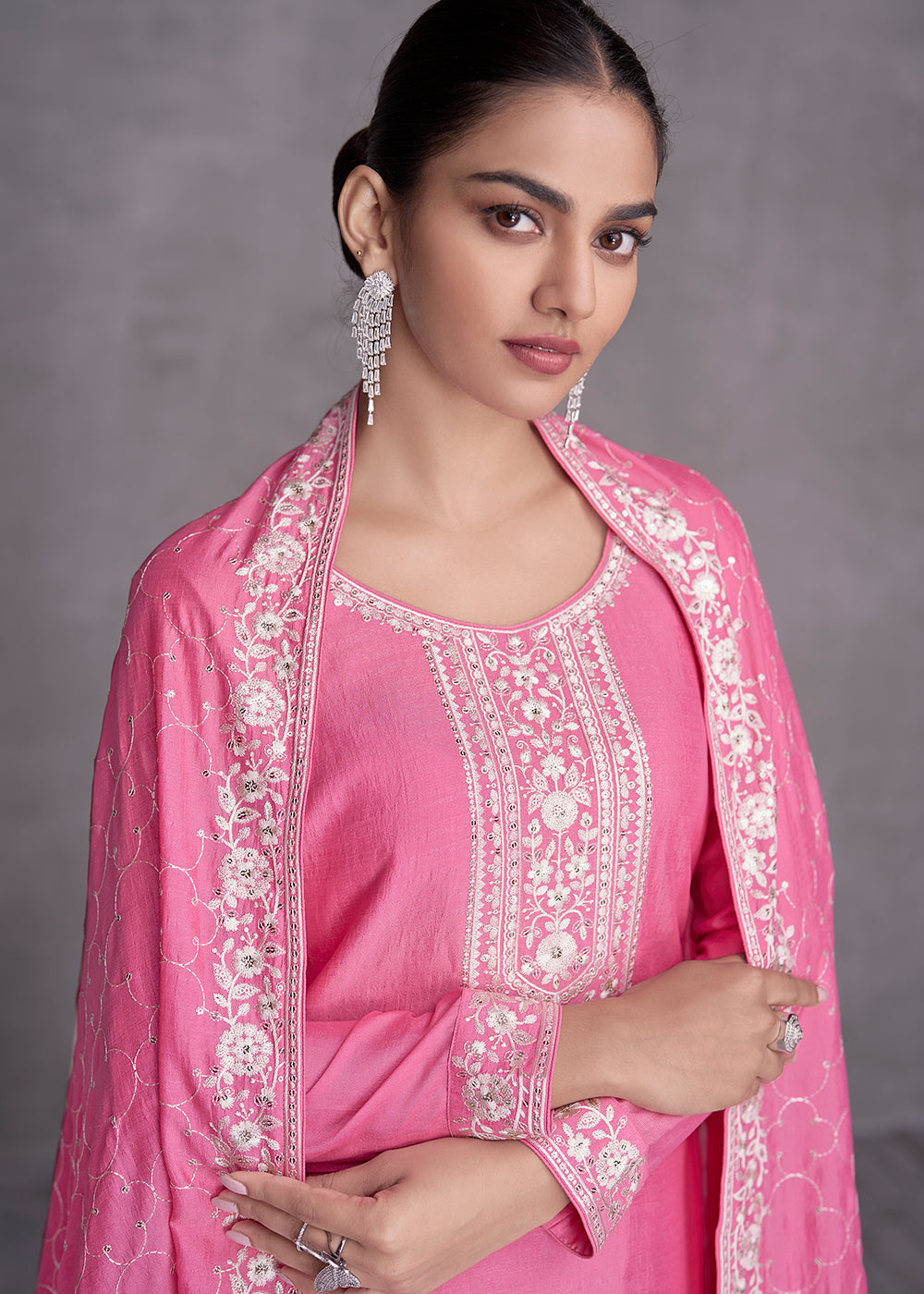 Neon Pink Silk Salwar Suit with Embroidery Work