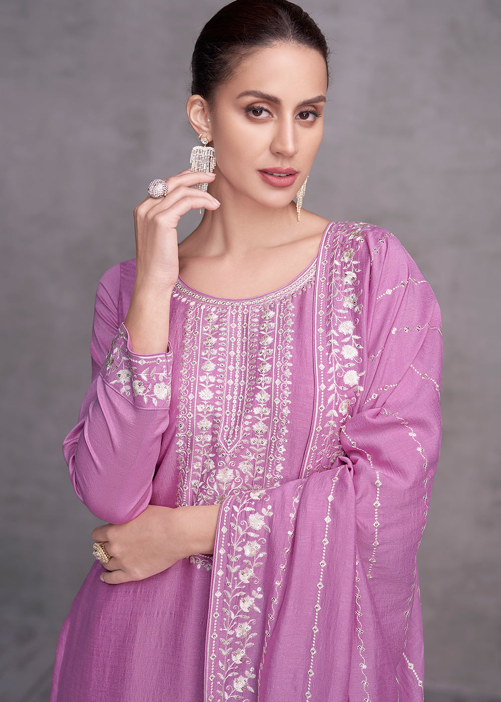 Lilac Purple Silk Salwar Suit with Embroidery Work