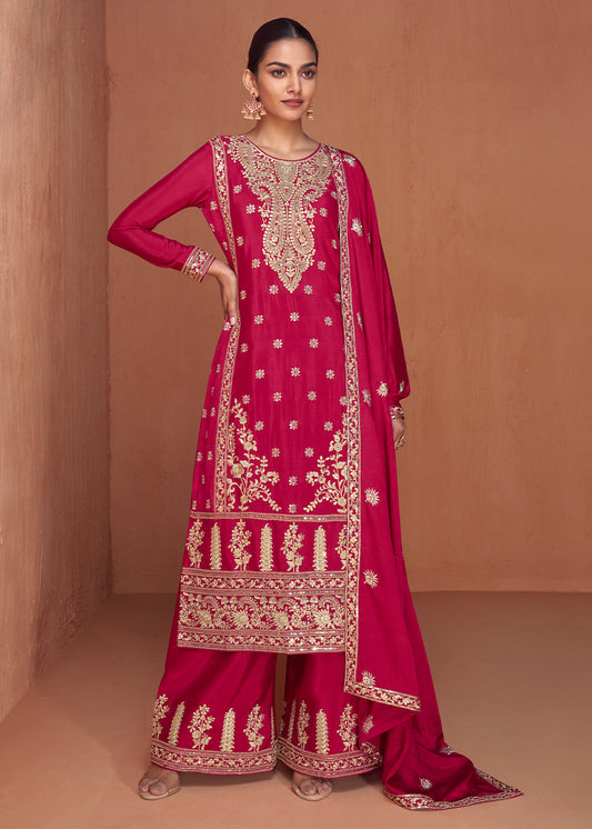 Cerise Pink Floral Embroidered Chinon Silk Plazzo Suit