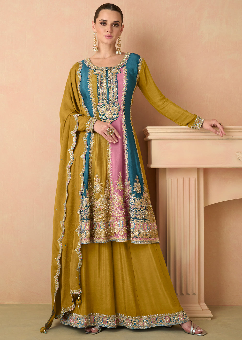 Mustard Yellow Embroidered Chinon Plazzo Suit