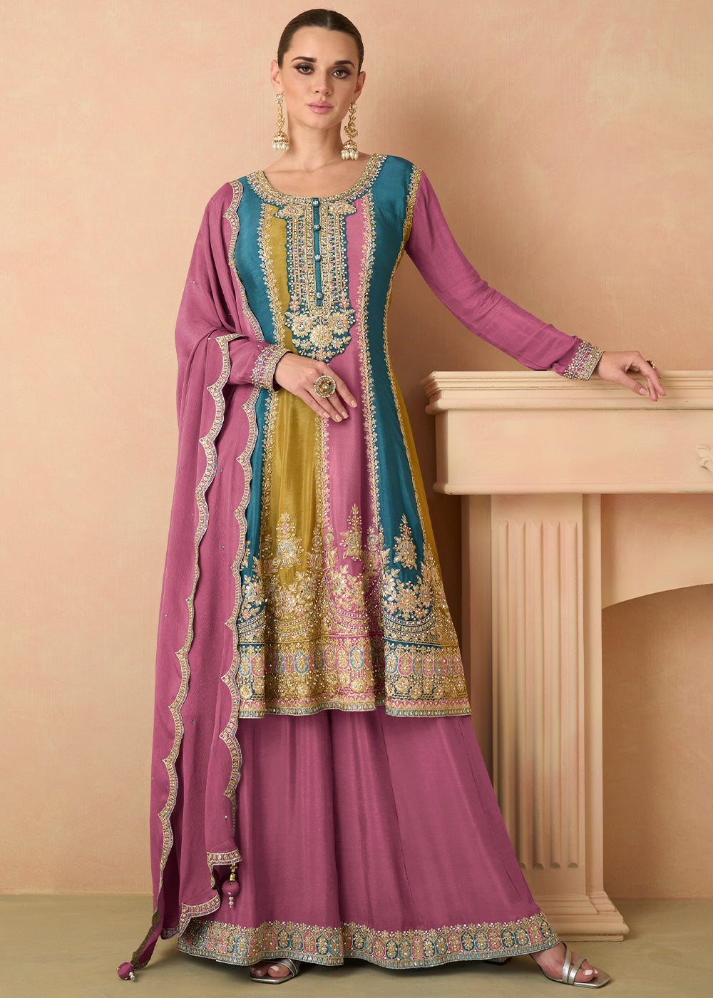 Persian Pink Embroidered Chinon Plazzo Suit