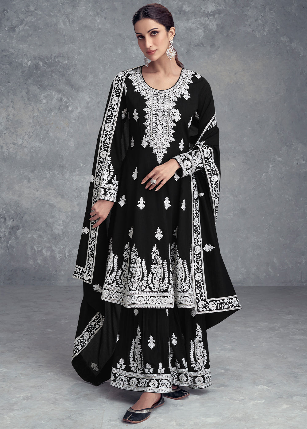 Jade Black Floral Embroidery Chinon Plazzo Suit