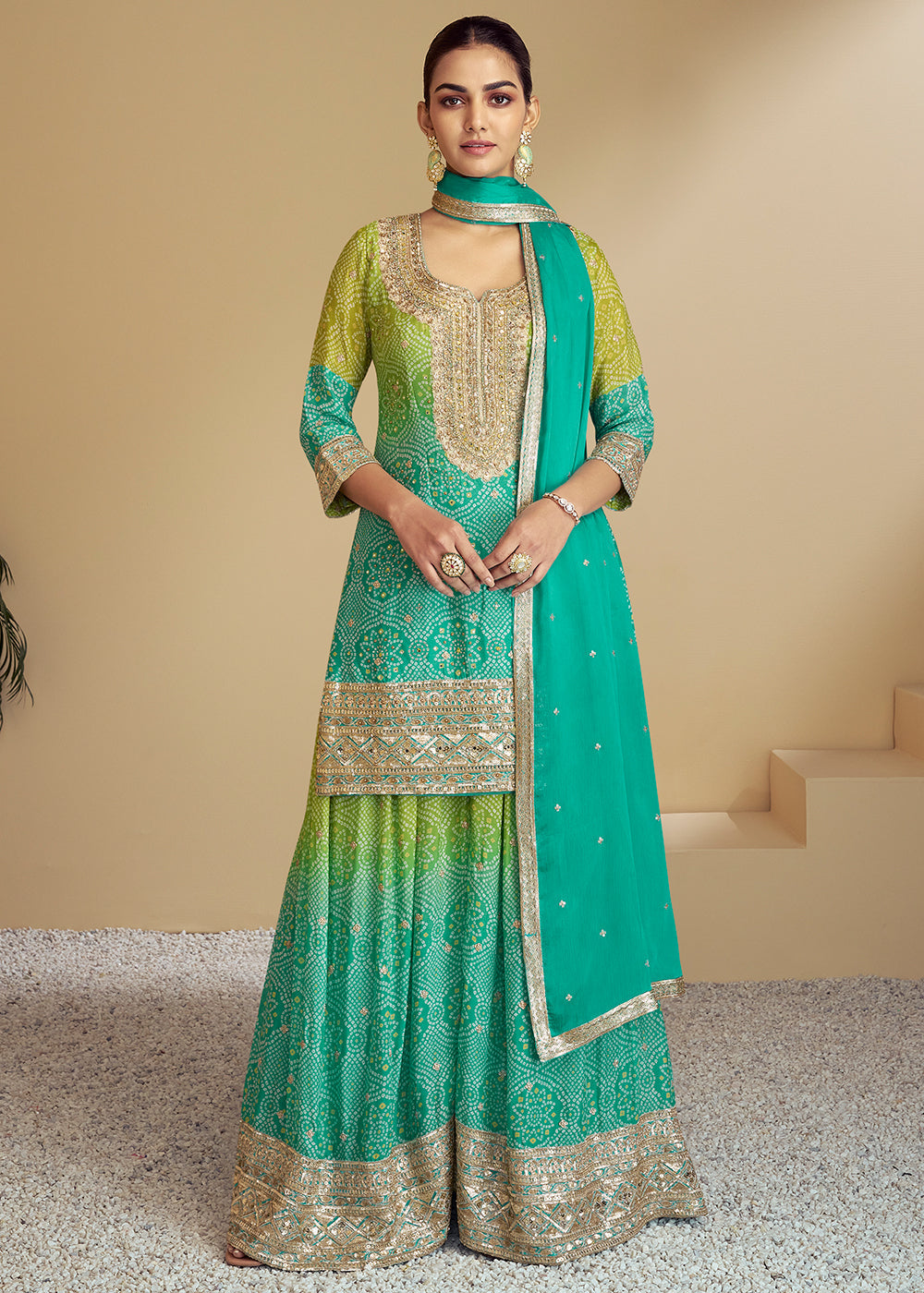 Shades Of Green & Blue Bandhani Printed Chinon Silk Plazzo suit with Embroidery work