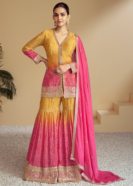 Mustard Yellow & Pink Bandhani Printed Chinon Silk Suit with Embroidery work