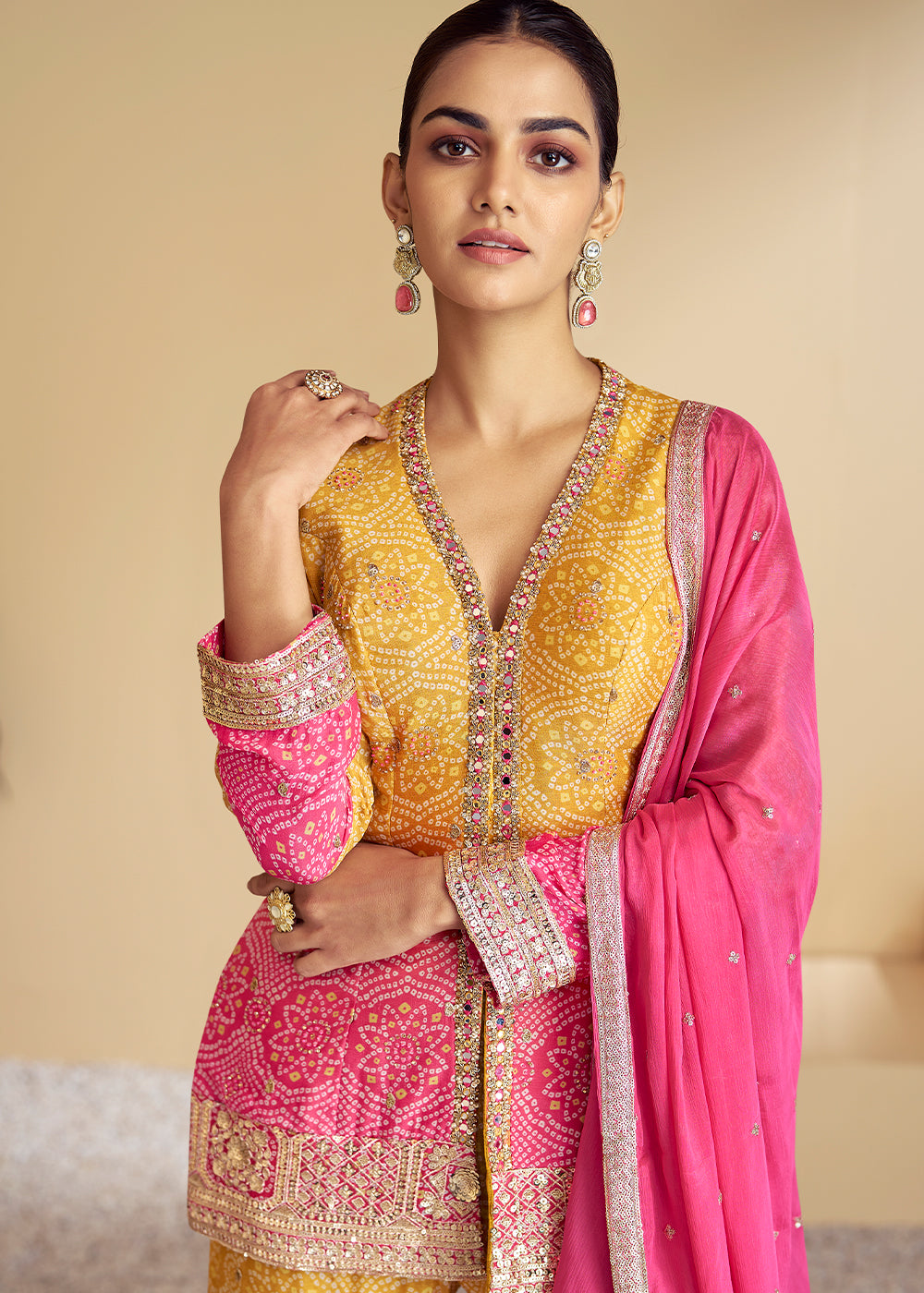 Mustard Yellow & Pink Bandhani Printed Chinon Silk Suit with Embroidery work