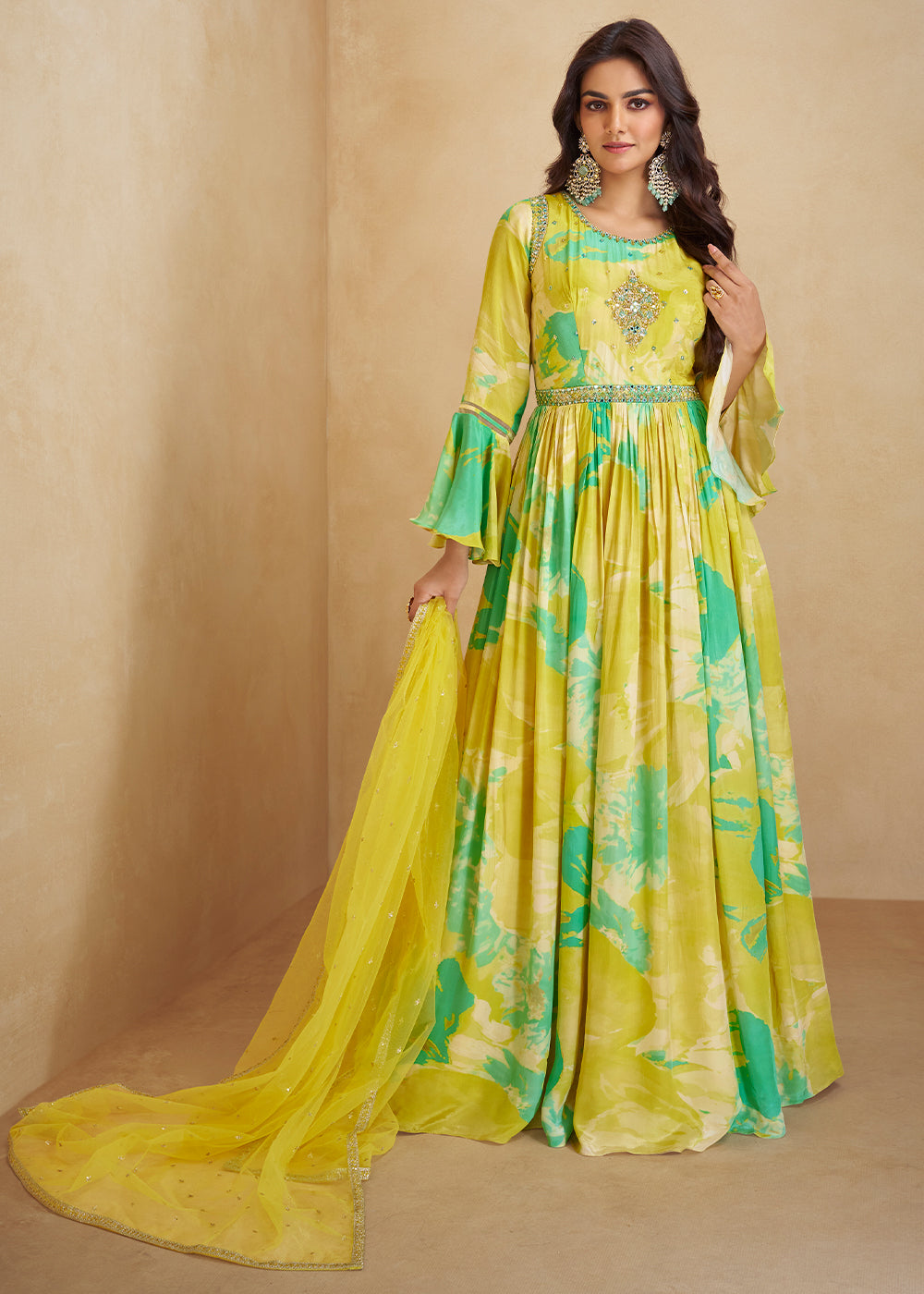 Lemon Yellow Digital Floral Printed Chinon Anarkali Suit with Embroidery work