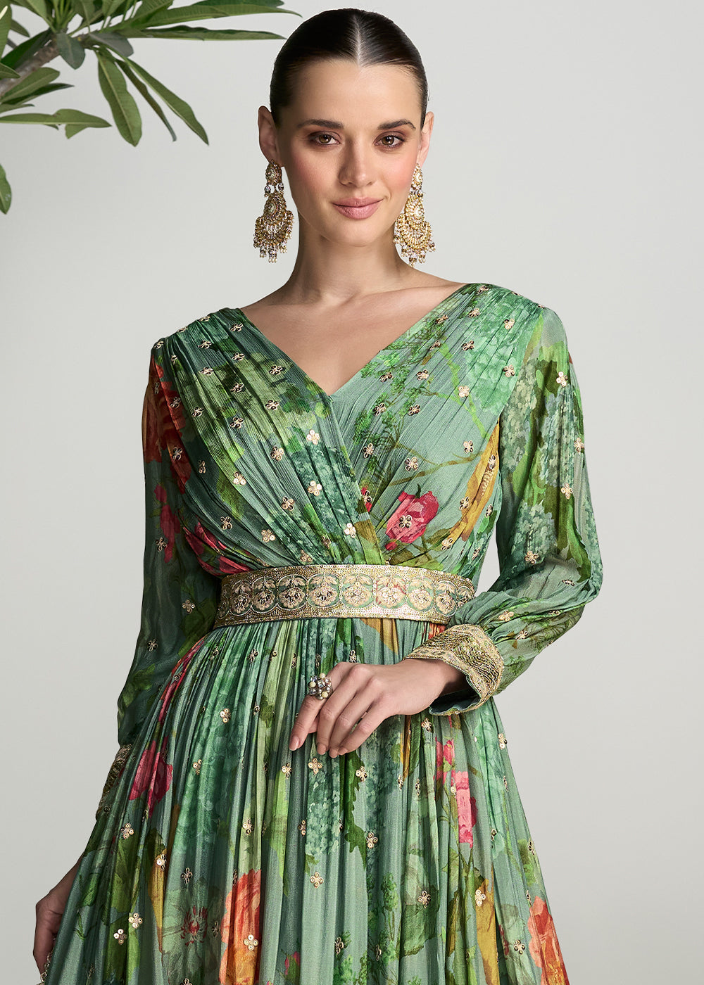 Shades Of Green Digital Floral Printed Chinon Anarkali Suit with Embroidery work