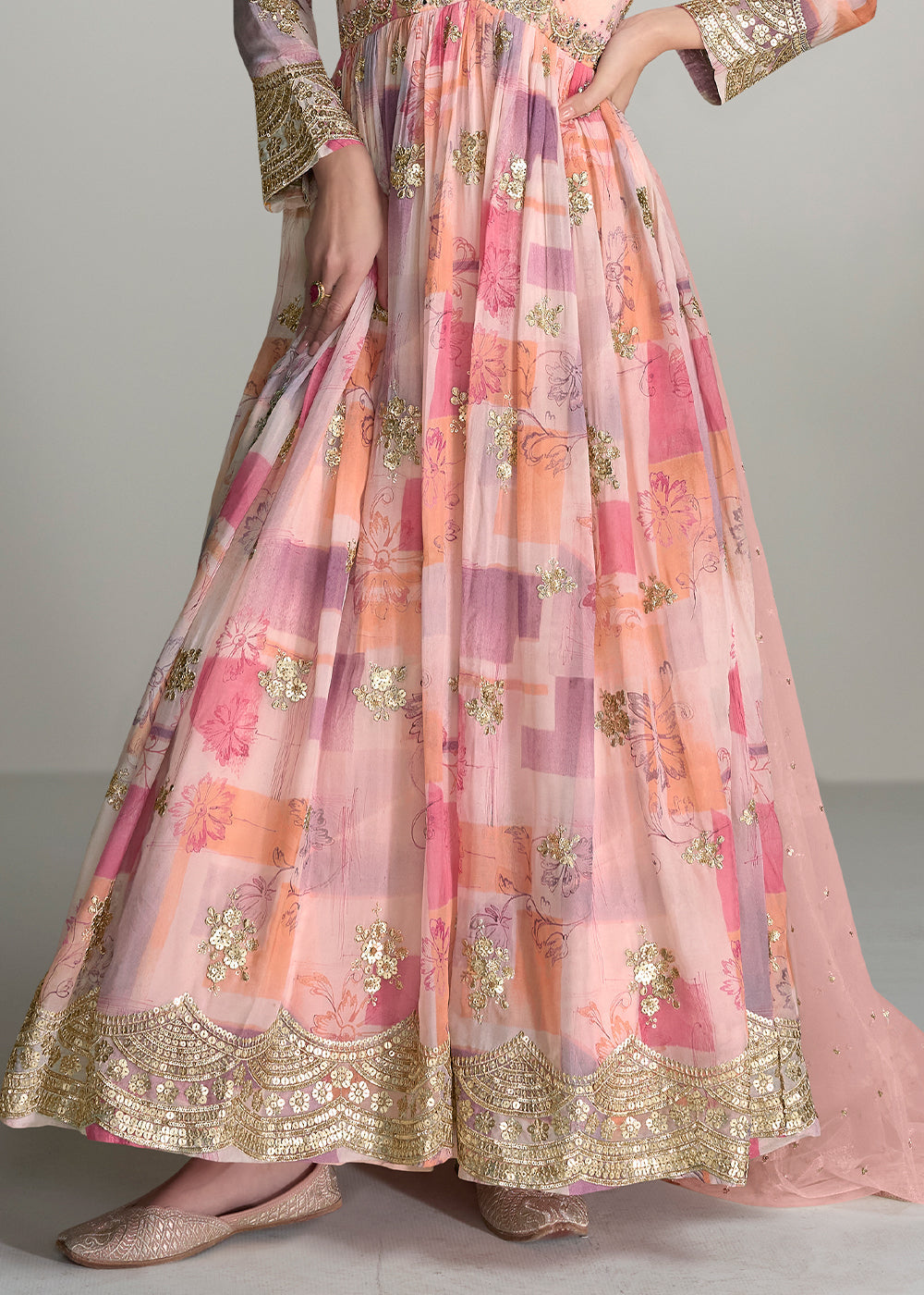 Shades Of Pink Digital Floral Printed Chinon Anarkali Suit with Embroidery work