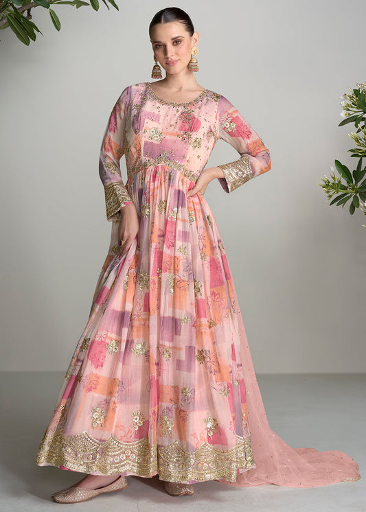 Shades Of Pink Digital Floral Printed Chinon Anarkali Suit with Embroidery work