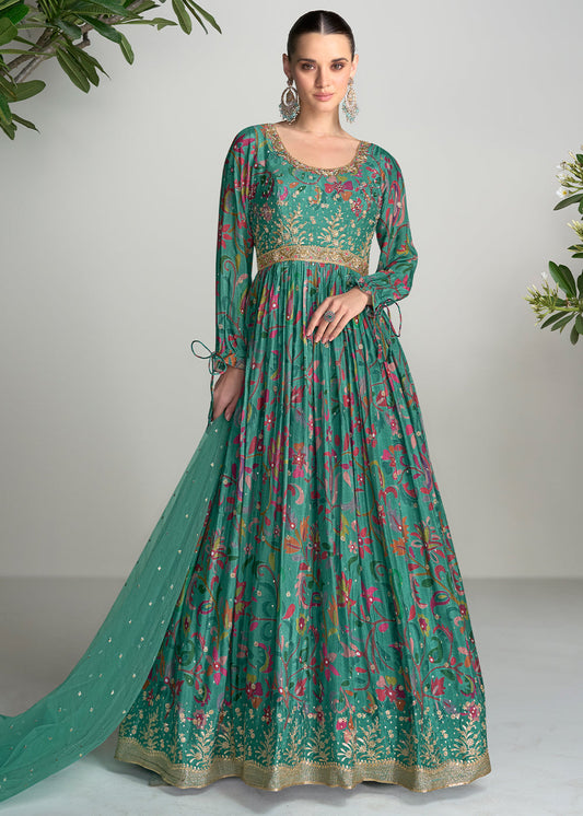 Sea Green Digital Floral Printed Chinon Anarkali Suit with Embroidery work