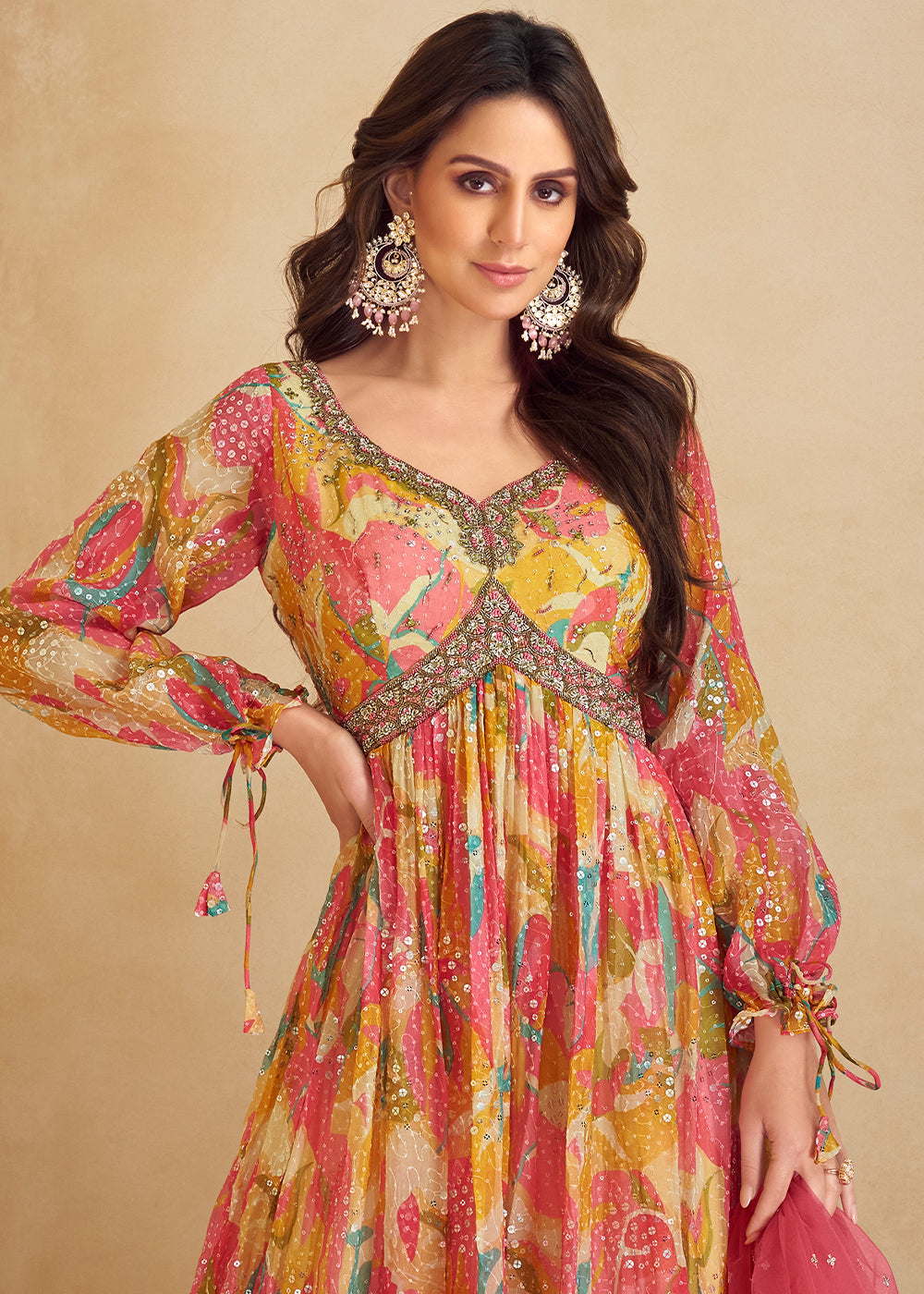 Multicolored Digital Floral Printed Chinon Anarkali Suit with Embroidery work