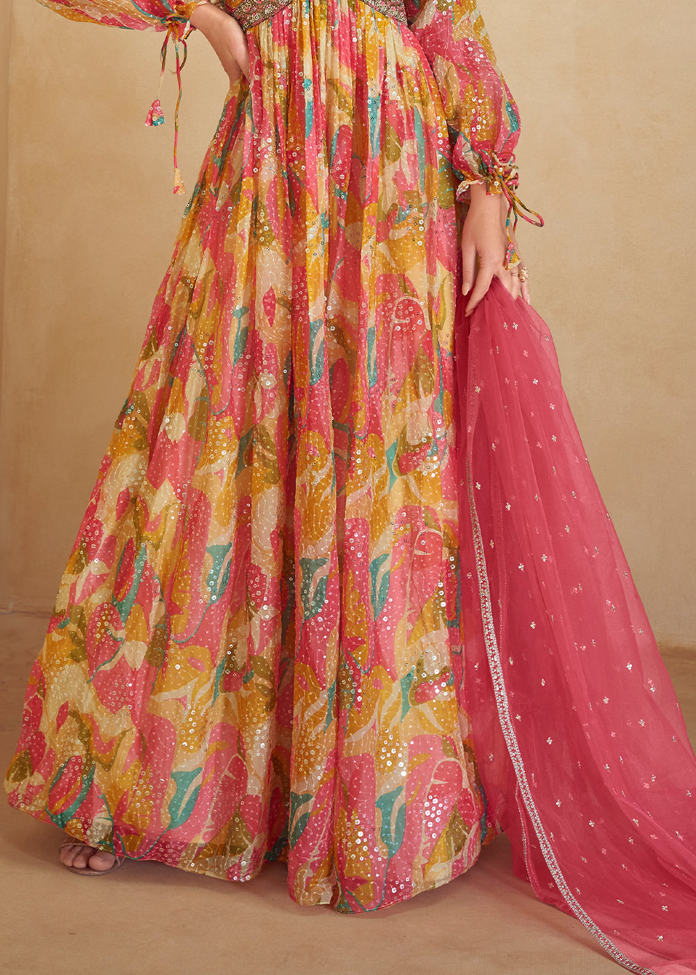 Multicolored Digital Floral Printed Chinon Anarkali Suit with Embroidery work