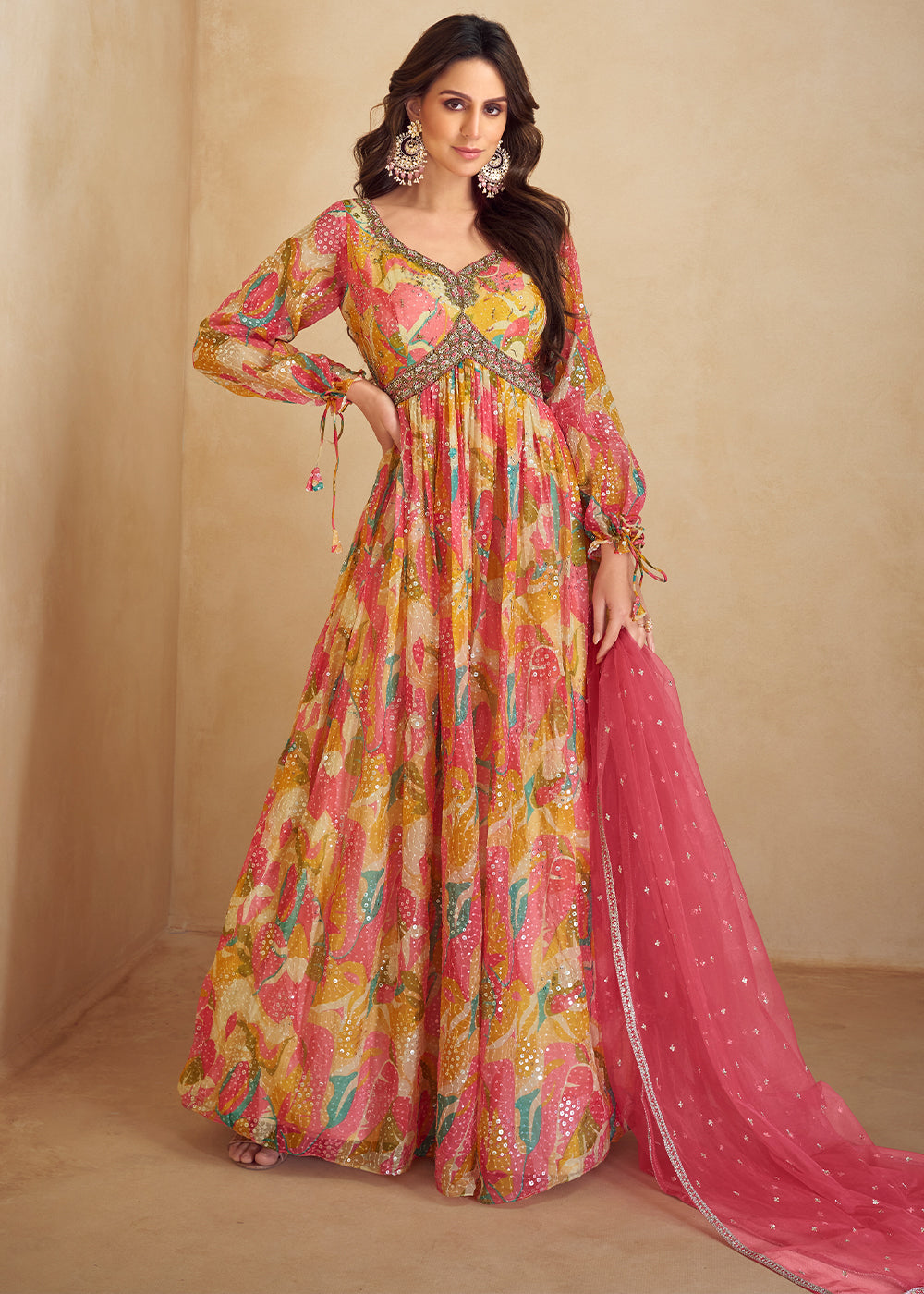 Multicolored Digital Floral Printed Chinon Anarkali Suit with Embroidery work