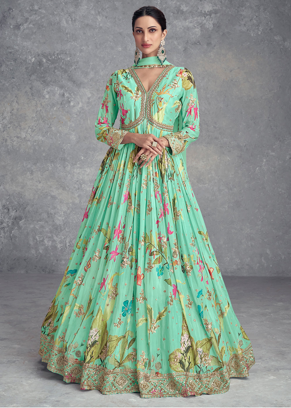 Blueish Green Digital Floral Printed Chinon Anarkali Suit with Embroidery work