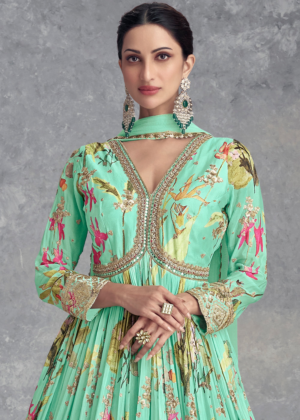 Blueish Green Digital Floral Printed Chinon Anarkali Suit with Embroidery work