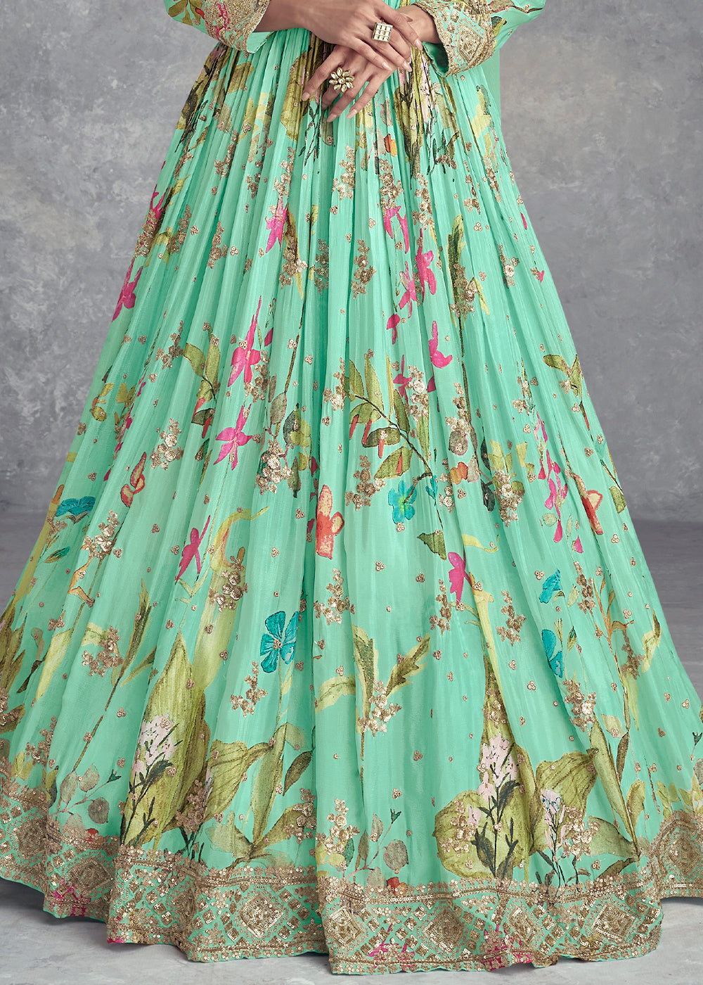 Blueish Green Digital Floral Printed Chinon Anarkali Suit with Embroidery work