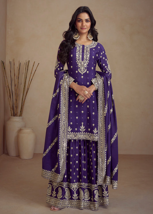 Deep Purple Embroidered Chinon Silk Plazzo Suit