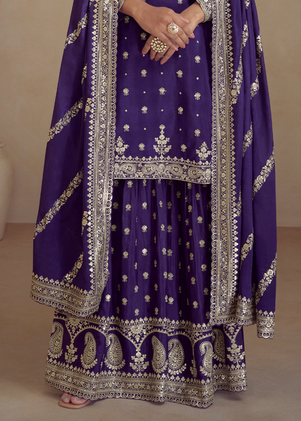 Deep Purple Embroidered Chinon Silk Plazzo Suit