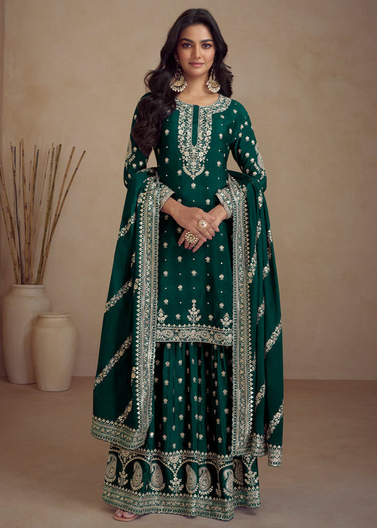 Sacramento Green Embroidered Chinon Silk Plazzo Suit