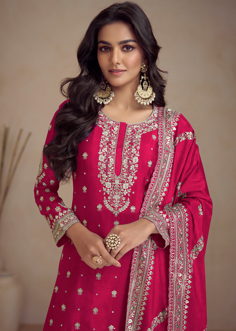 Cerise Pink Embroidered Chinon Silk Plazzo Suit