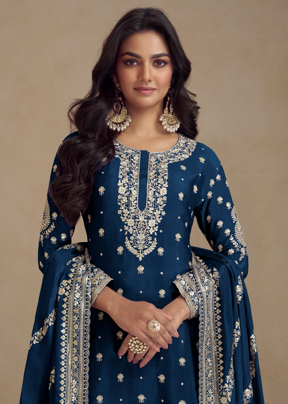 Resolution Blue Embroidered Chinon Silk Plazzo Suit