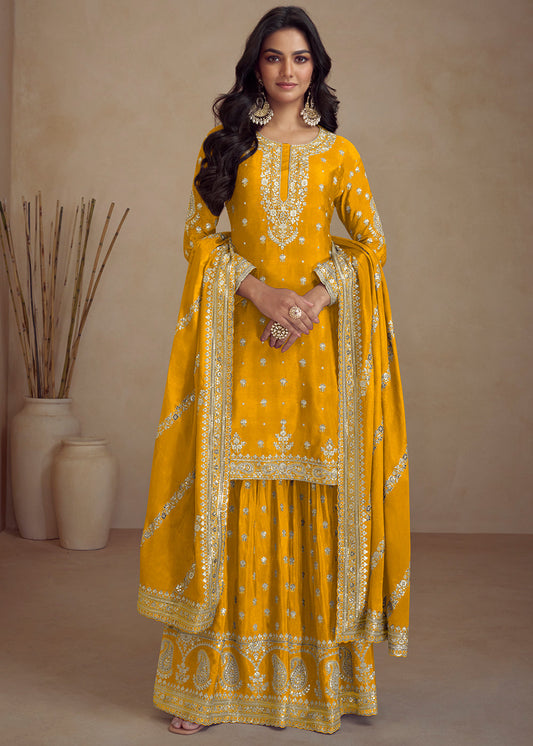 Canary Yellow Embroidered Chinon Silk Plazzo Suit